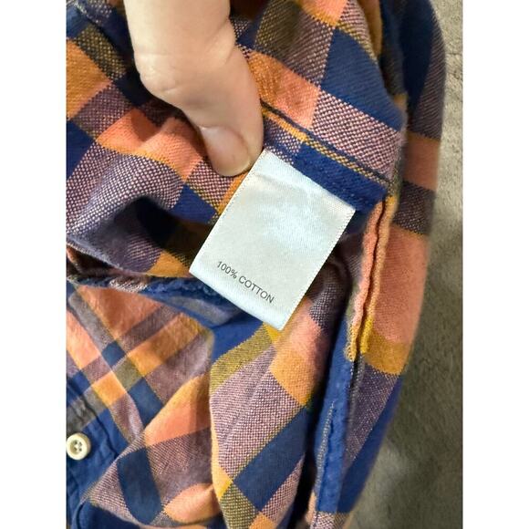 NWOT ROWM Size Large 100% Cotton Short Sleeve Plaid Shirt Peach Navy Blue Collar - Picture 8 of 8